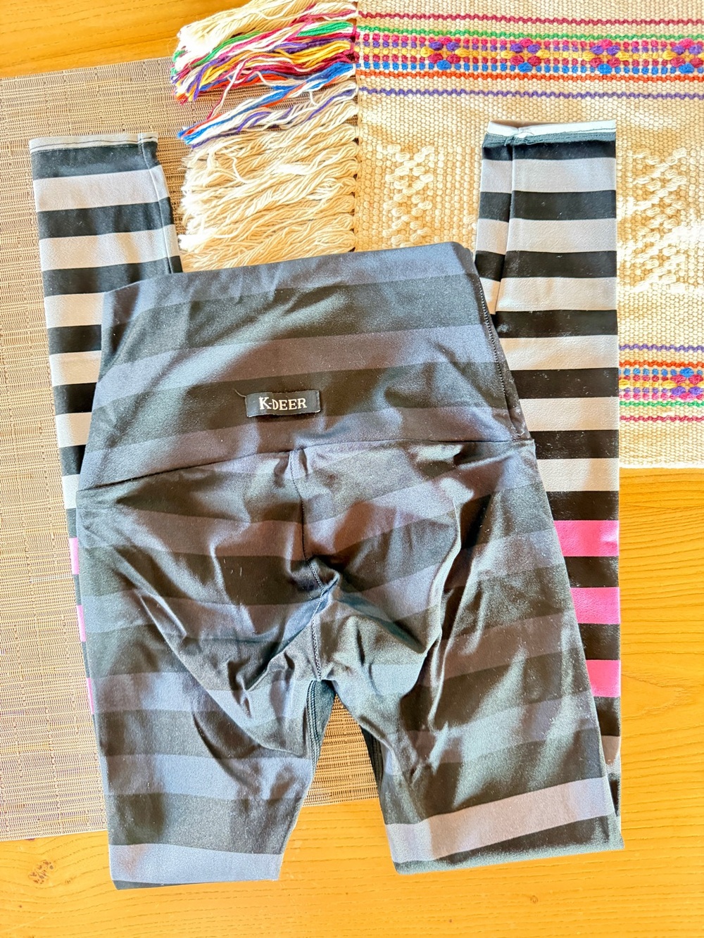 K-DEER Black and Gray Striped Women’s Leggings with Pink Stripe